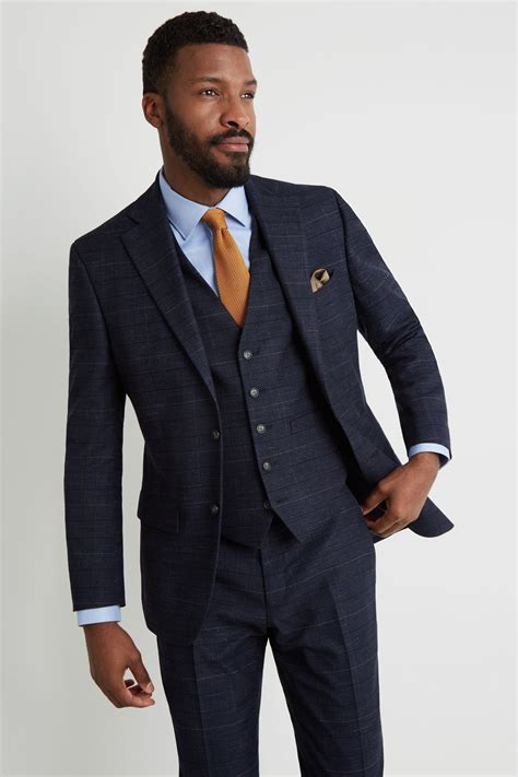 Mens Moss Tailored Fit Navy Black Check Jacket Blue Black