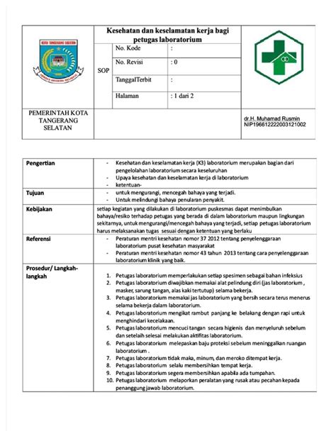 Sop Keselamatan Kerja Lab Pdf