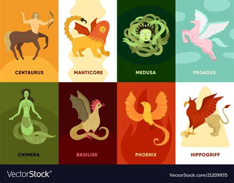 mythical creatures cards set vector image  vectorstock mythological