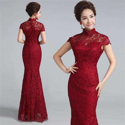 Wine Red Lace Wedding Cheongsam Modern Chinese Traditional Dress Qipao