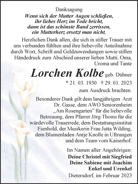 Traueranzeigen Von Lorchen Kolbe Abschied Nehmen De