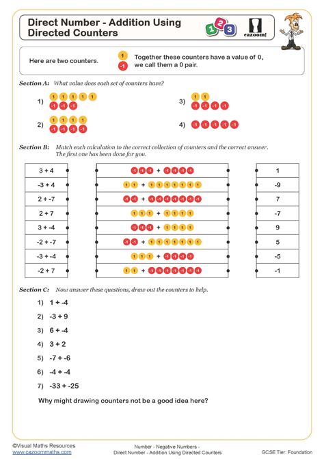 Directed Number Addition Using Directed Counters Worksheet