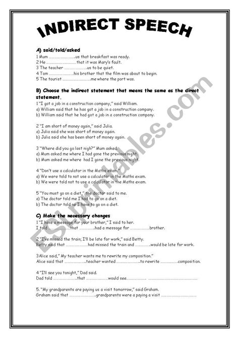 Indirect Speech Esl Worksheet By Efty Charle