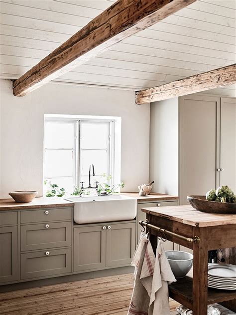 Minimalist Neutral Kitchen With Grey Shaker Cabinets Shiplap Ceilings