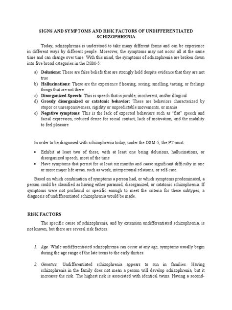 Signs and Symptoms and Risk Factors of Undifferentiated Schizophrenia ...