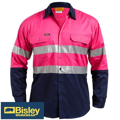 Bisley Mens L Sleeve Shirt 3xl Hi Vis Pink Navy Open Front 3m