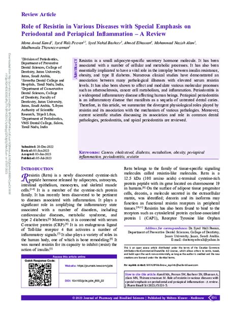 (PDF) Role of Resistin in Various Diseases with Special Emphasis on Periodontal and Periapical ...