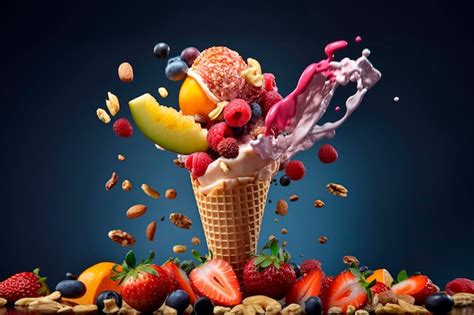 Premium Photo Ice Cream Cone Loaded With Rich Fresh Fruit And Nuts