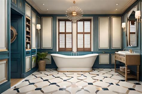 Premium Photo A Bathroom With A Bathtub And A Shelf Of Cabinets