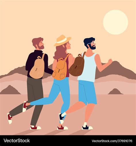 Backpackers Walking Desert Royalty Free Vector Image