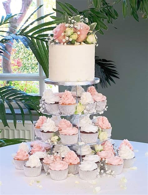 Buttercream White And Pink Rose Top Cake And Cupcakes Tower Bay Tree