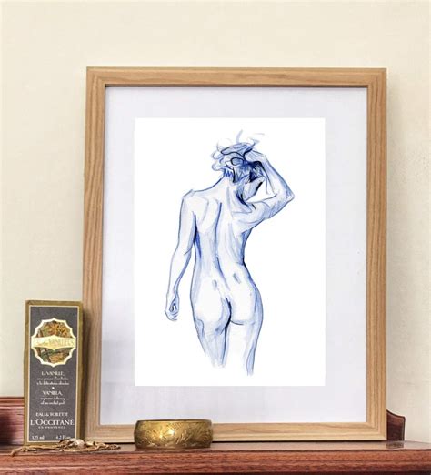 Blue Nude Female Figure Watercolour Pencil Art Print Unique Gift For