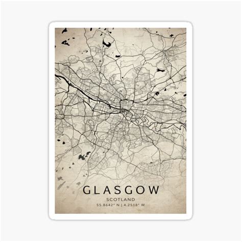 "Glasgow Scotland Vintage Street Map With Co-ordinates" Sticker for ...