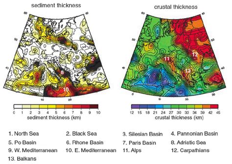 Sediment Thickness And Crustal Thickness Presented For Comparison With