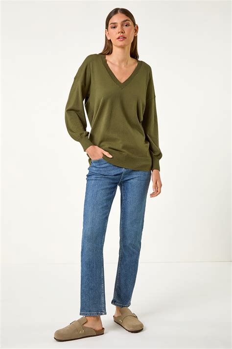 Khaki Plain V Neck Stretch Jumper Roman Uk