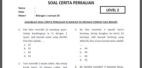 Soal Cerita Perkalian Kelas 2 Sd Level 2 Bilangan 1 Sampai 20 Bimbel Brilian