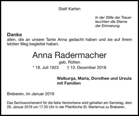 Traueranzeigen Von Anna Radermacher Aachen Gedenkt