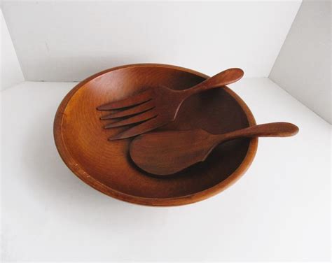 Vintage Wood Bowl Utensils Woodcroftery Farmhouse Made In Usa Etsy