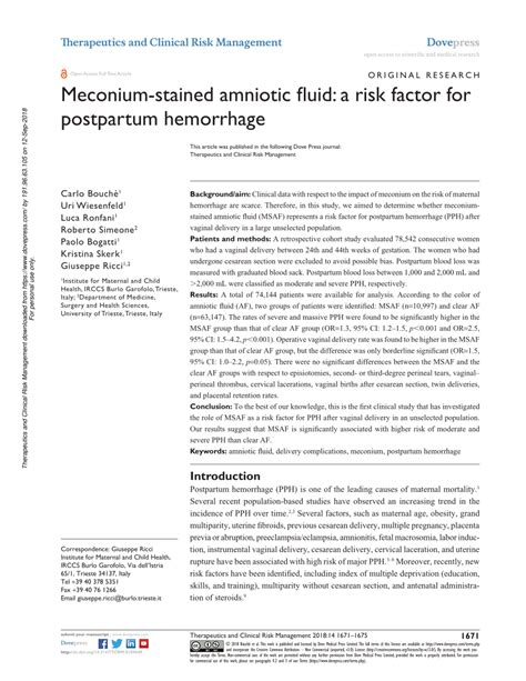 Pdf Meconium Stained Amniotic Fluid A Risk Factor For Postpartum