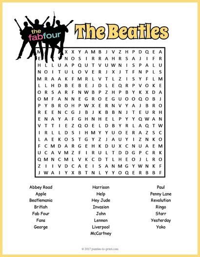 Free Printable Beatles Word Search The Beatles Beatles Party Word