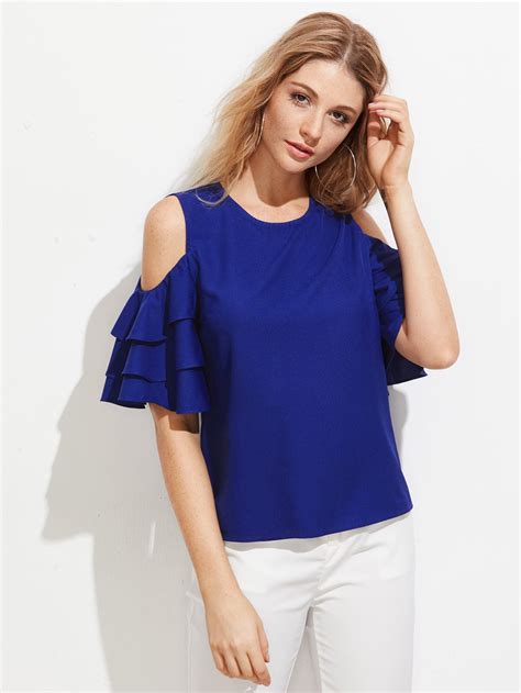 Open Shoulder Layered Bell Sleeve Top Shein Sheinside