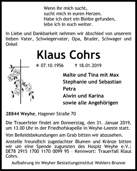 Traueranzeigen Von Klaus Cohrs Trauer Kreiszeitung De