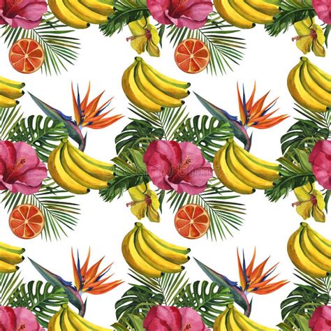 Watercolor Pattern With Tropical Palm Leaves Bananas Pineapples