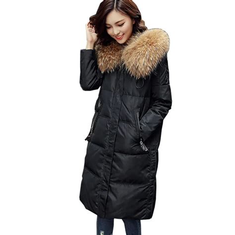 Womens Hooded Raccoon Fur Collar Down Jacket Fluffy Winter Warm Long