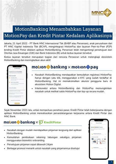 MotionBanking Menambahkan Layanan MotionPay Dan Kredit Pintar Ke Dalam