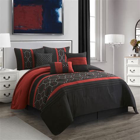 Nanshing Elliot 7 Piece Geometric Comforter Set, Black/Red, Queen ...