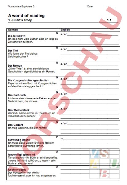 Arbeitsblatt Vocabulary List Explorers Reading Englisch Wortschatz