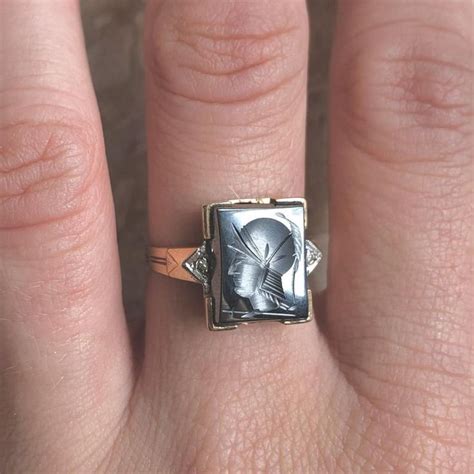 Warrior Intaglio Art Deco Hematite Diamond Yellow Gold Ring Etsy