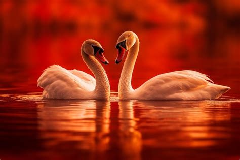 Dos Cisnes Blancos Nadan En Un Lago De Fondo Rojo Foto Premium