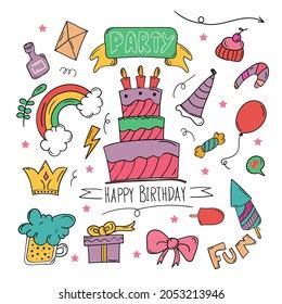 Happy Birthday Sticker Set Cartoon Doodle Stock Vector Royalty Free