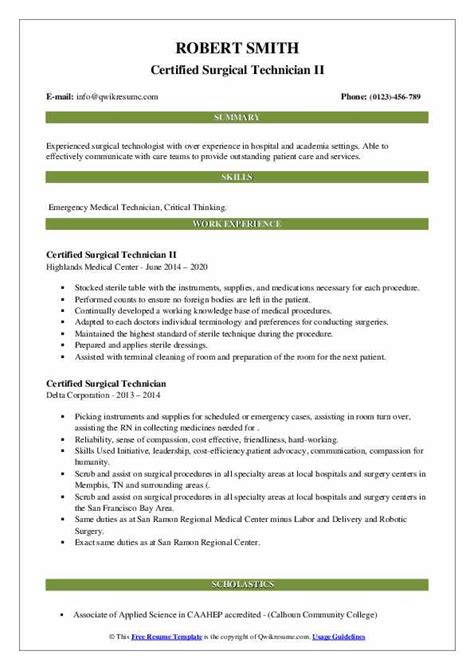 Certified Surgical Technician Resume Samples Qwikresume