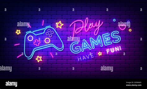 Play Games have fun neon sign with game pad, bright signboard, light ...