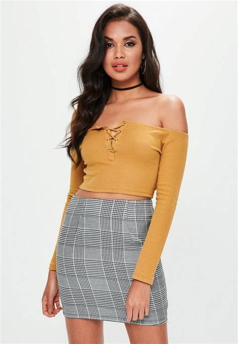 Mustard Yellow Lace Up Eyelet Detail Ribbed Crop Top