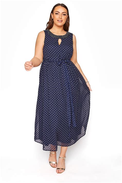 YOURS LONDON Robe Bleue Marine Longue Imprimé à Pois Grande taille