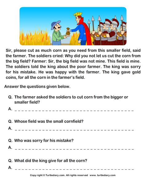 Reading Comprehension Stories Worksheet 28 Turtle Diary