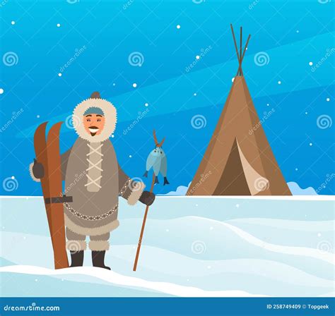 Man In Warm Clothes For Cold Climate Living In Arctic Eskimo With Fish