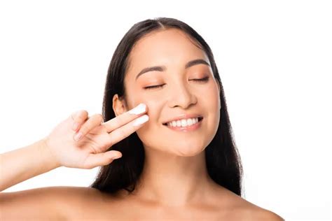 Naked Beautiful Asian Woman Holding Perfume Showing Sign Isolated White Stock Photo