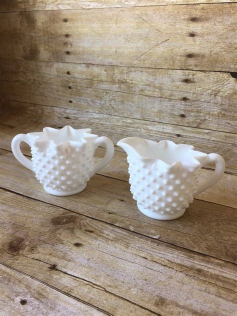 Vintage Fenton Hobnail Milk Glass Creamer And Sugar Set Etsy Hobnail Milk Glass Milk Glass