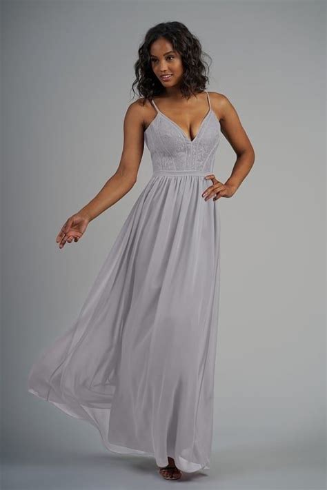 B213010 Lace And Poly Chiffon Long Bridesmaid Dress With V Neckline