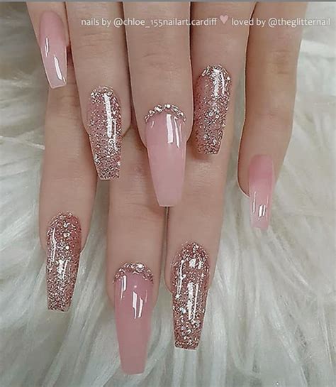 50 Pretty French Pink Ombre And Glitter On Long Acrylic Coffin Nails