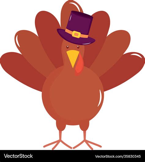 Cartoon Turkey With Pilgrim Hat Flat Style Vector Image