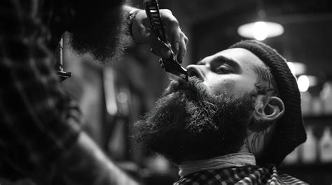 Premium Photo A Man Is Seated In A Barbers Chair Receiving A Haircut From A Barber The Barber