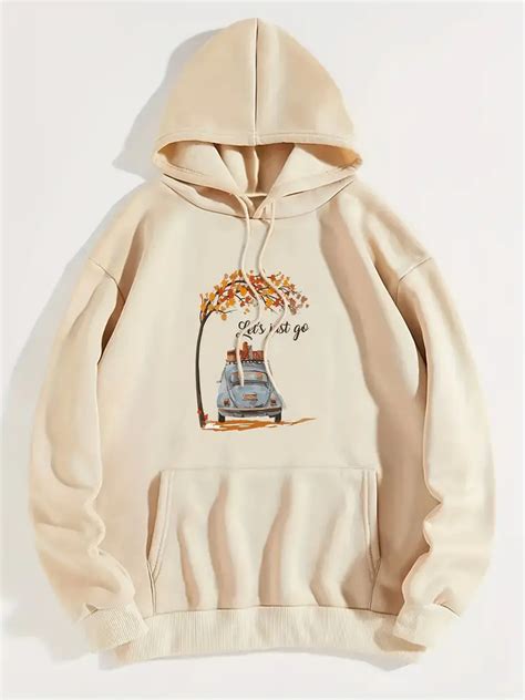 Cat Letter Print Hoodie Casual Pocket Long Sleeve Drawstring Temu New