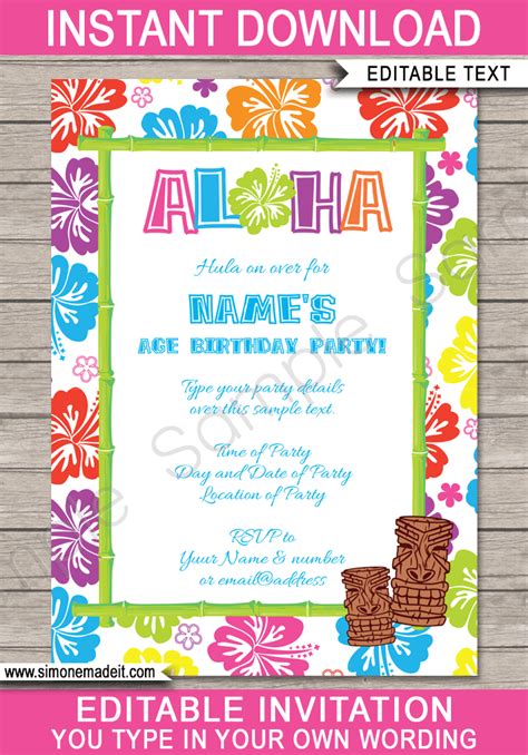 Luau Party Invitations Template Printable Luau Birthday Party Invites