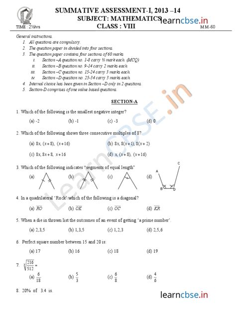 Cbse Class 8 Mathematics Sample Paper Sa1 2014 Pdf Pdf Equations