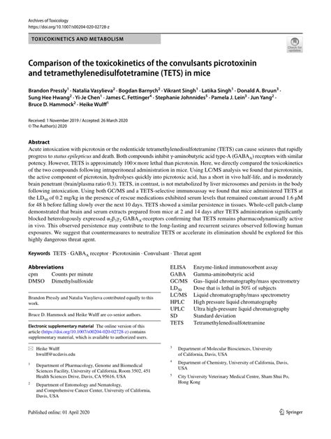 Pdf Comparison Of The Toxicokinetics Of The Convulsants Picrotoxinin